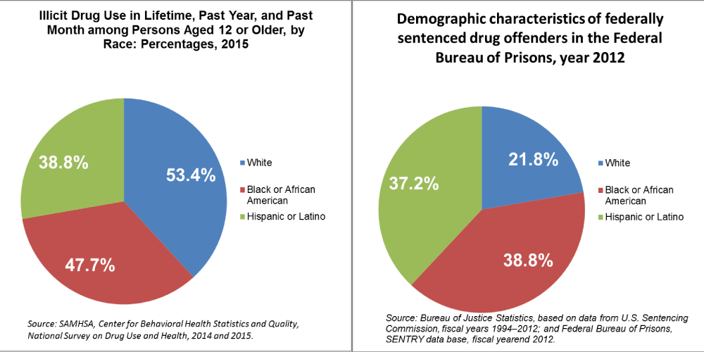 Pie charts demonstrating racial bias in drug arrests