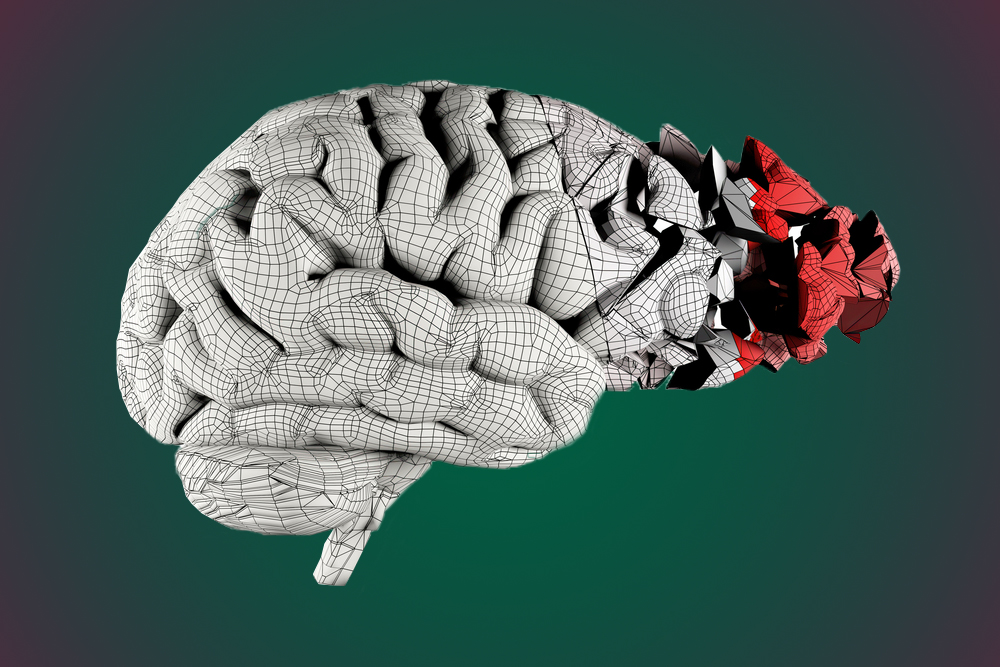 3d illustration of a brain with one end red and shattering