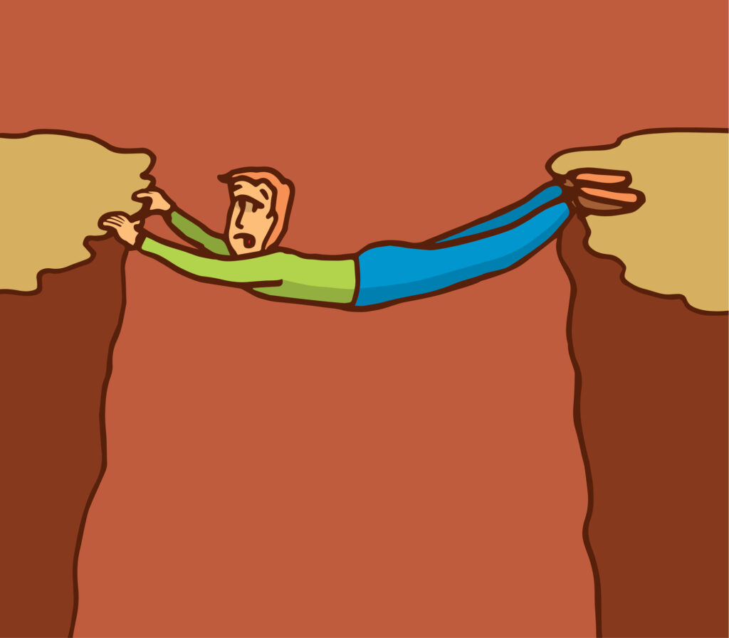 Cartoon illustration of a man laying on a gap between two cliffs