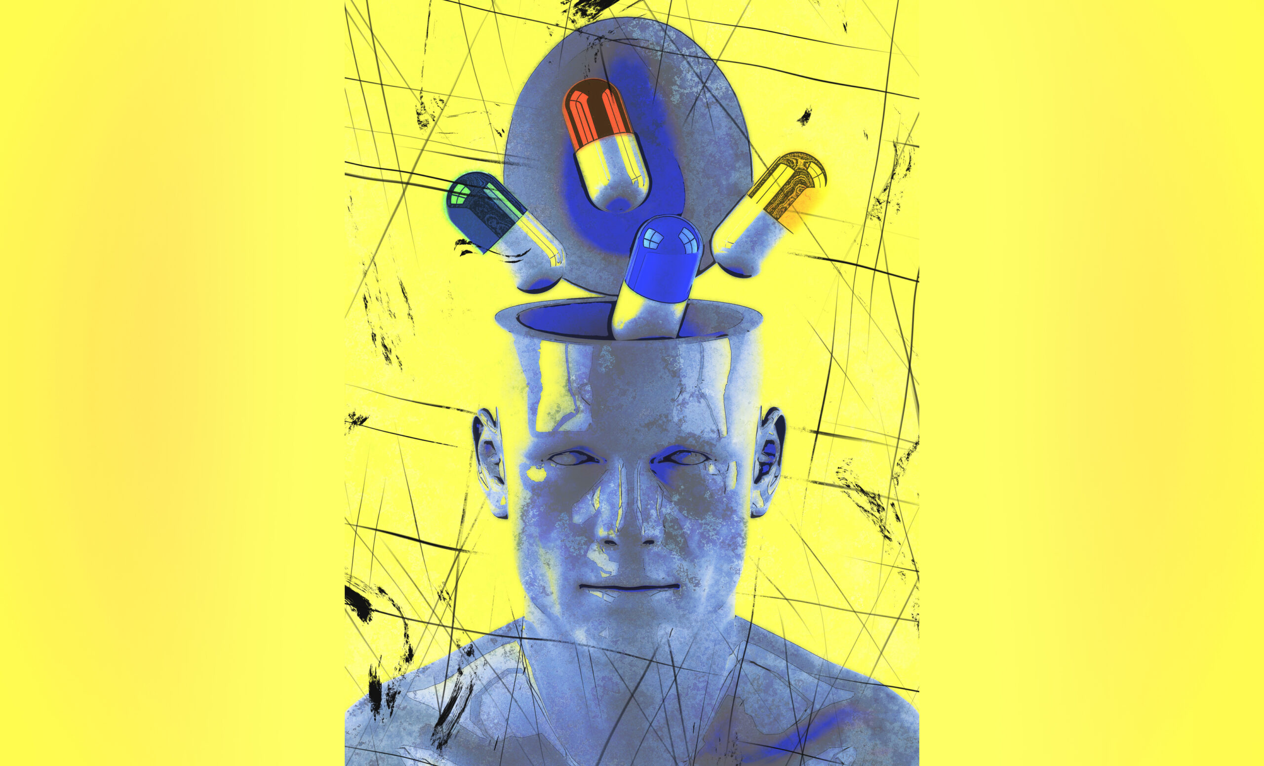 Illustration of a head filling up with pills