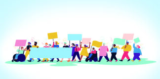 Colorful drawing of protesters