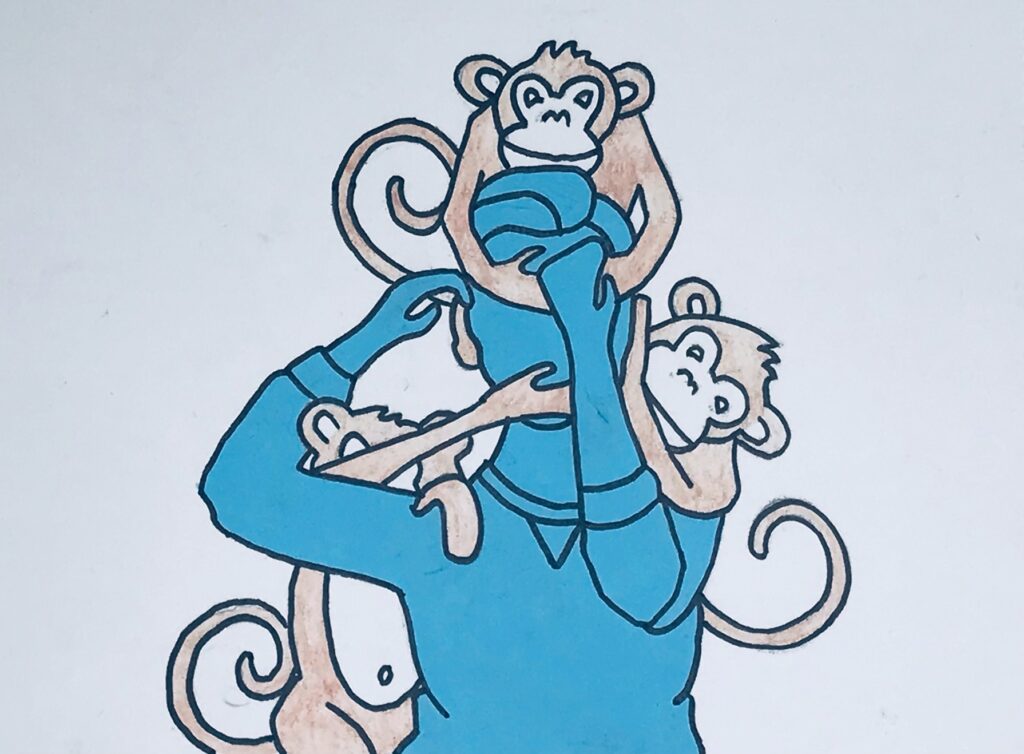 Illustration depicting a blue figure with three monkeys climbing on them