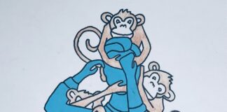 What We Have Always Known but Psychiatry Forgot Illustration depicting a blue figure with three monkeys climbing on them