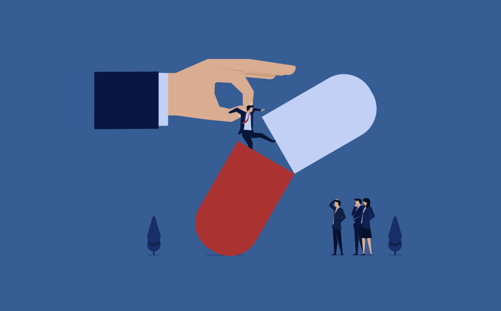 Illustration of a businessman being pulled out of a pill capsule