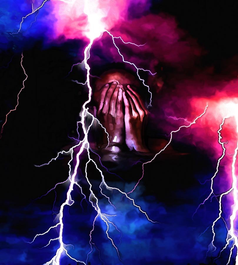 A image of dark reds, blues, black and pinks with a woman with her hands over her face int he center with lightning bolts flashing around her.