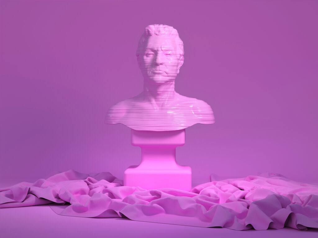 3d rendering of abstract human portrait with horizontal stripes bumped texture. Torso still life with drapery. Stylized bust sculpture object on pink background with cloth folds