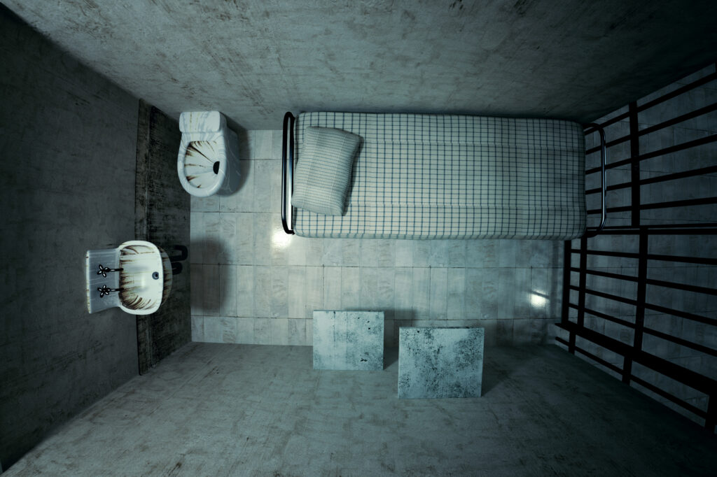 Top view of locked old prison cell for one person with bed, 