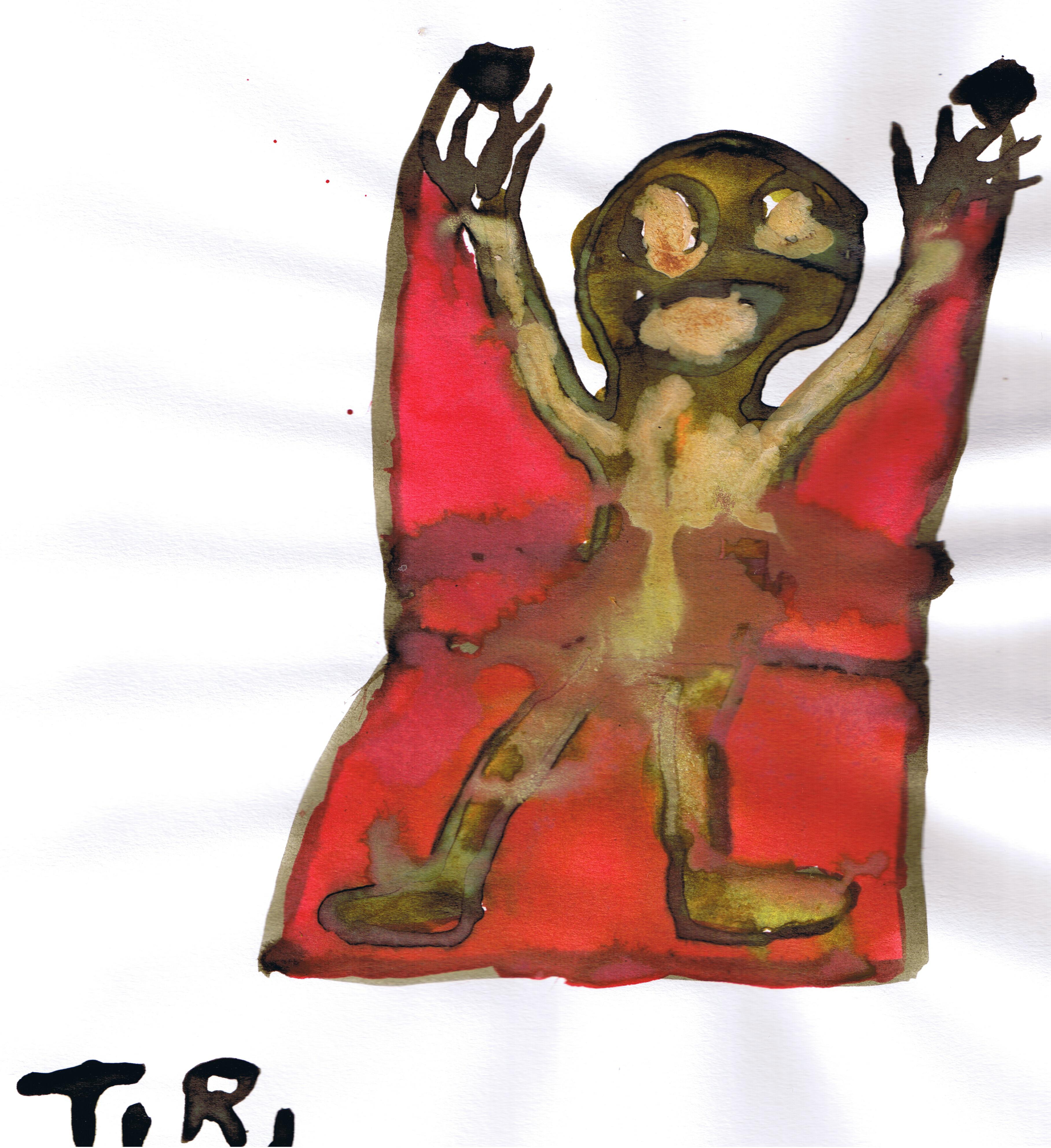 A brown character holding it's arms up with a red cape. T.R.