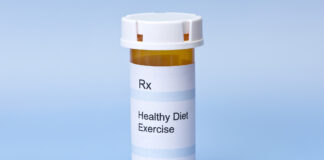 Art, Music, Exercise, and More: What Are the Recommended Doses for Improving Mental Health? A prescription bottle. The label reads "Healthy diet" and "Exercise."