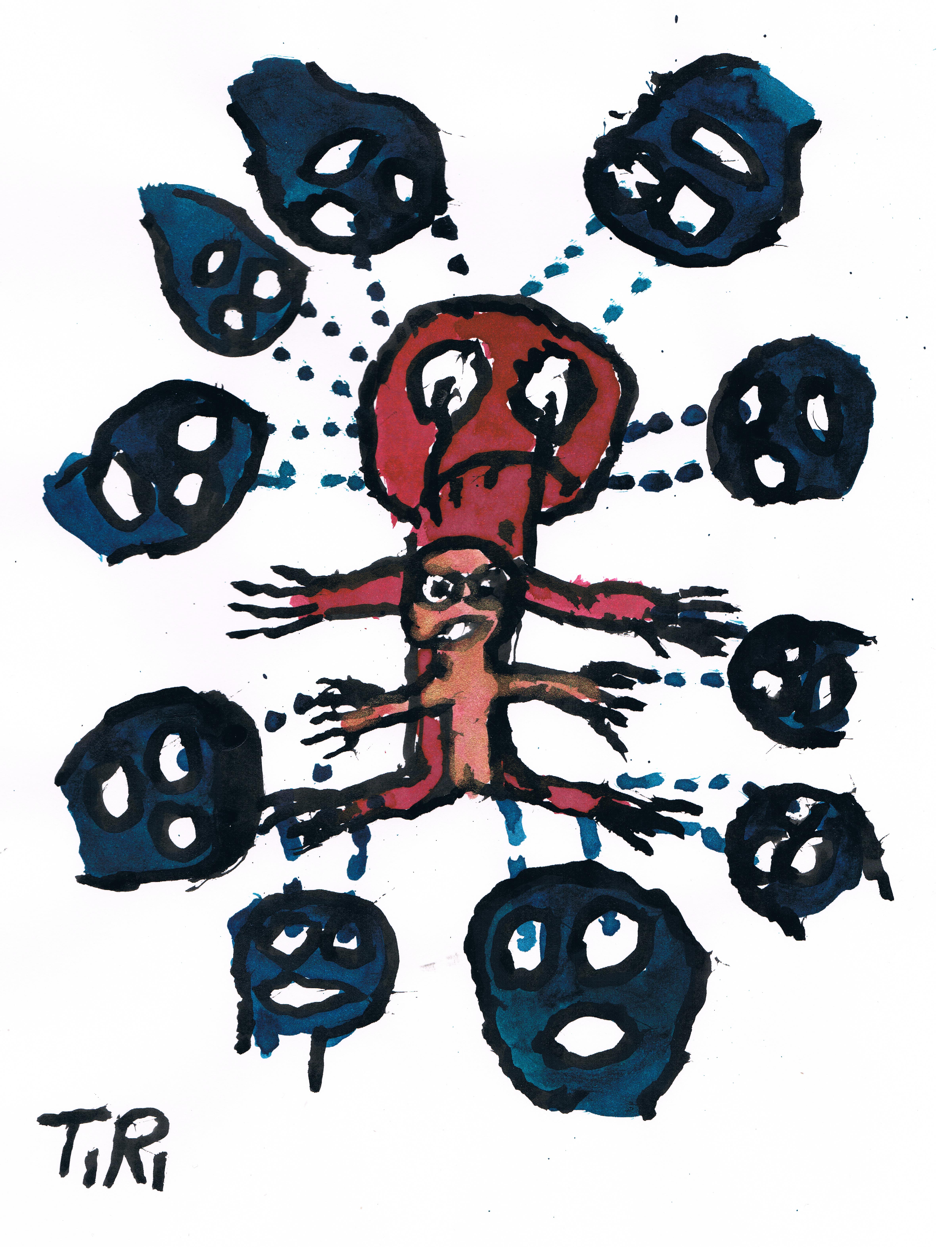 A red character with a smaller flesh character inside it with blue masks all around them