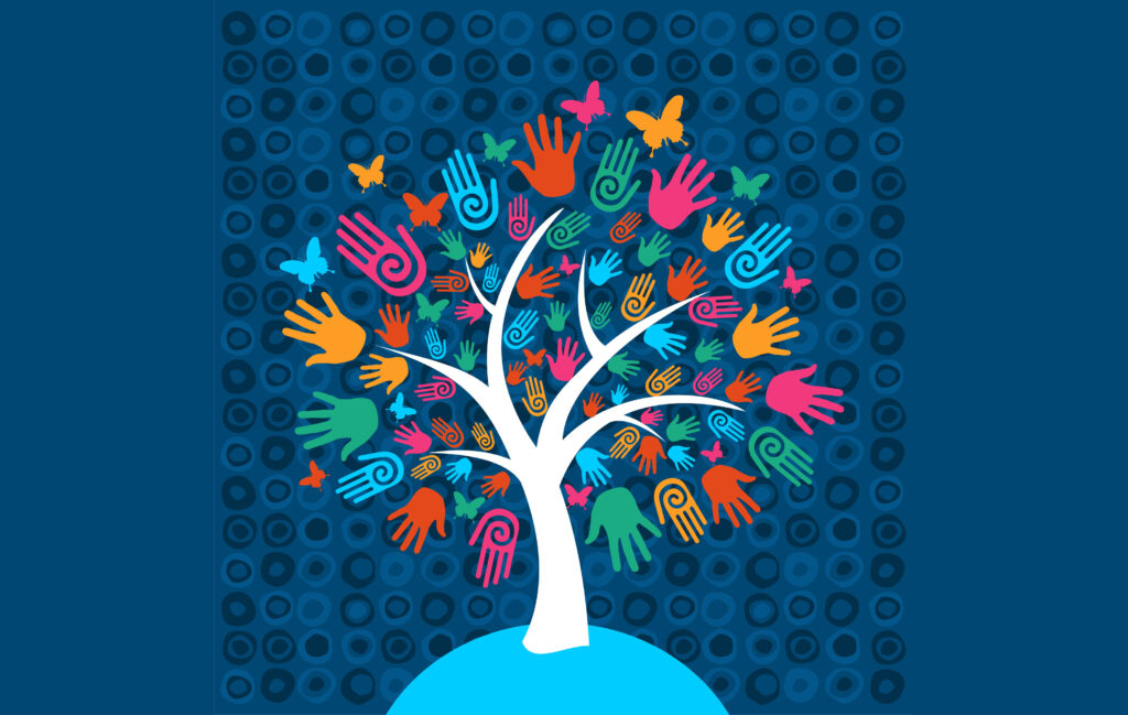 An illustration of a tree with cartoon hands for leaves on a blue background