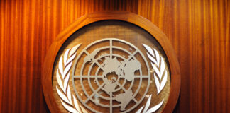 United Nations logo in UN headquarters in Manhattan New York City