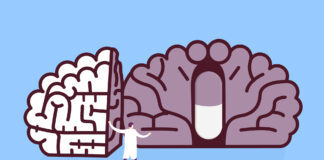 Addressing the Social Determinants of Mental Health—or Perhaps Not Illustration of a tiny doctor opening up a cartoon brain to reveal a pill inside