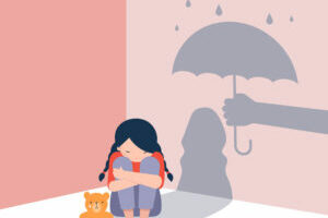 cartoon of sad little girl with shadow of an umbrella behind her