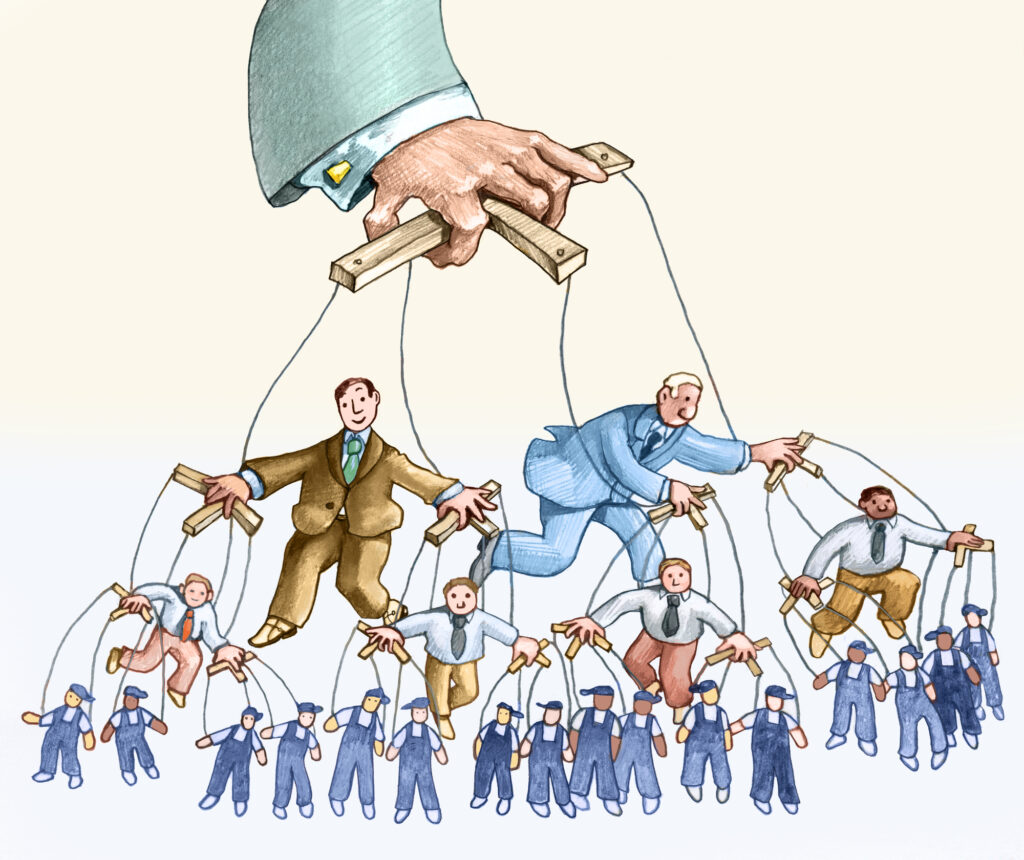 a pyramid of puppets that starts from the workers and climbs to the managers up to a mysterious hand everything is controlled by an unknown person