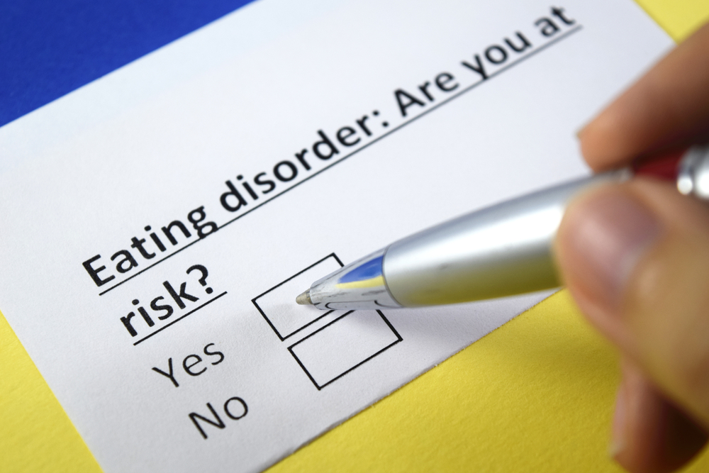 A questionnaire reads "Eating disorder: Are you at risk?" The options are checkboxes for "Yes" and "No."