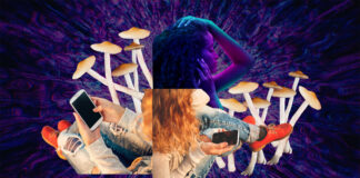Fireside Project: Peer Support for Psychedelic Experiences A collage depicting women using cell phones and hallucinogenic mushrooms, against a psychedelic purple background