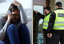 Roll-out of 988 Threatens Anonymity of Crisis Hotlines Two photos. On the left, a woman cries while holding a phone to her ear. On the right, two police officers peer into the glass door of a home.