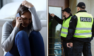 Two photos. On the left, a woman cries while holding a phone to her ear. On the right, two police officers peer into the glass door of a home.