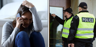 Two photos. On the left, a woman cries while holding a phone to her ear. On the right, two police officers peer into the glass door of a home.