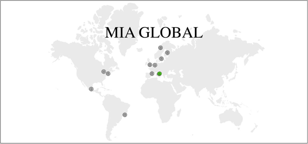 A map of the world depicting the various MIA affiliate locations; Italy's circle is bright green.