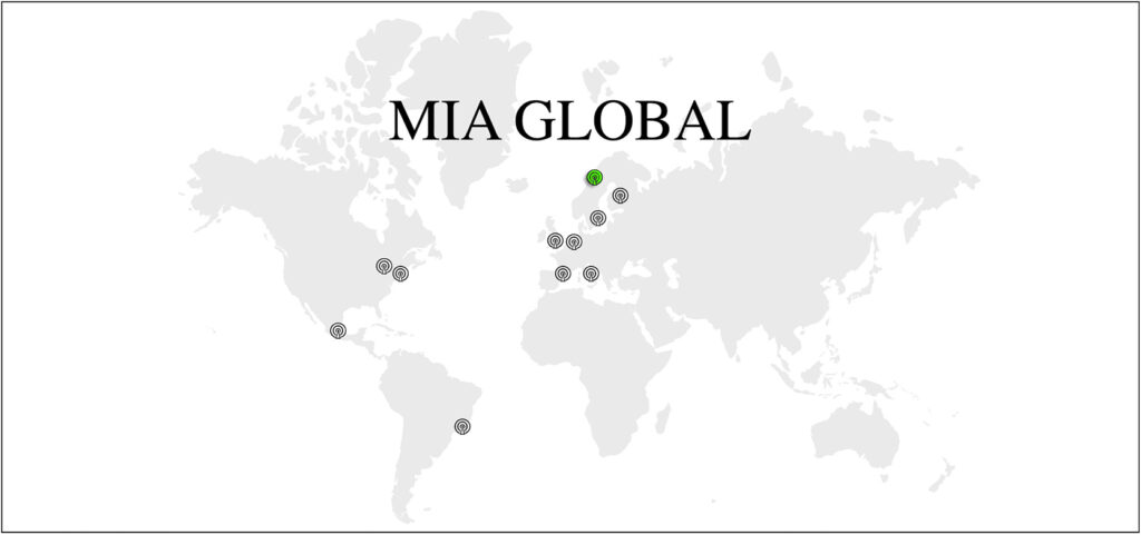 A map of the world with MIA Affiliate locations marked with dots. A dot in Norway is bright green.