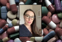 Interview with Sonja Styblo: Update on the Massachusetts Benzo Bill A headshot of Sonja Styblo over a background image of pills
