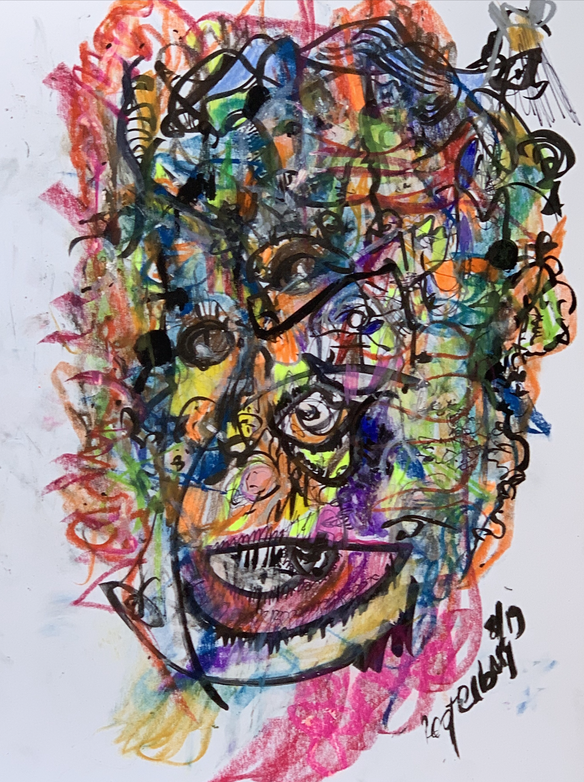 Abstract face with many eyes and colors