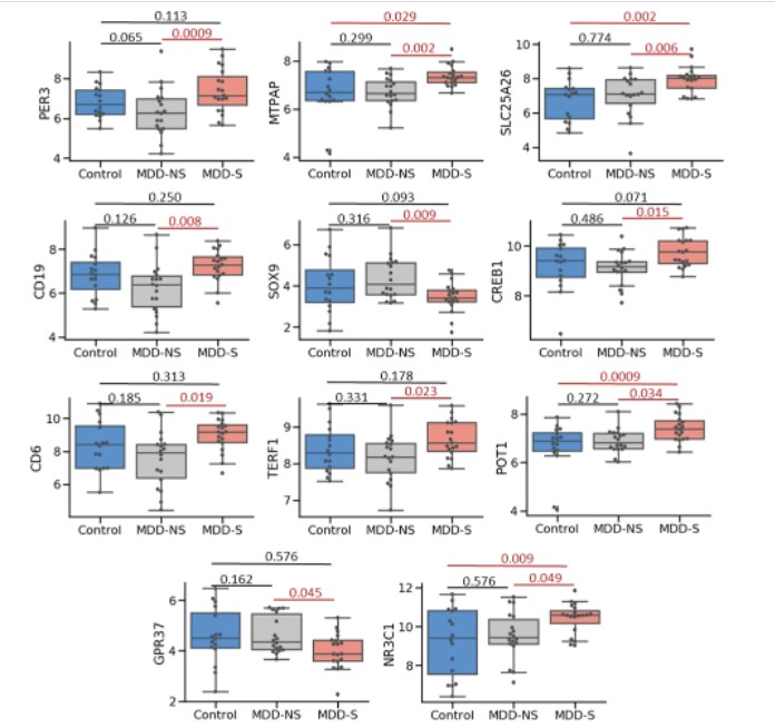 11 graphs depicting biomarkers in three groups