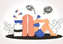 A Different Psychiatry Is Needed for Discontinuing Antidepressants Illustration of pills, a brain, and a person with scribbles indicating displeasure