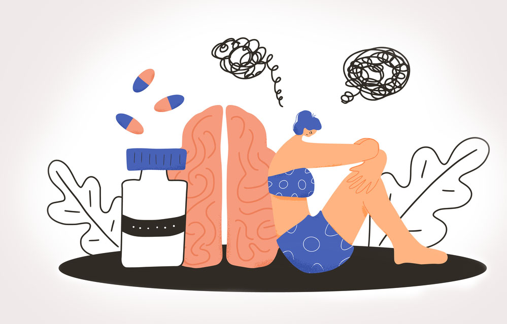 Illustration of pills, a brain, and a person with scribbles indicating displeasure