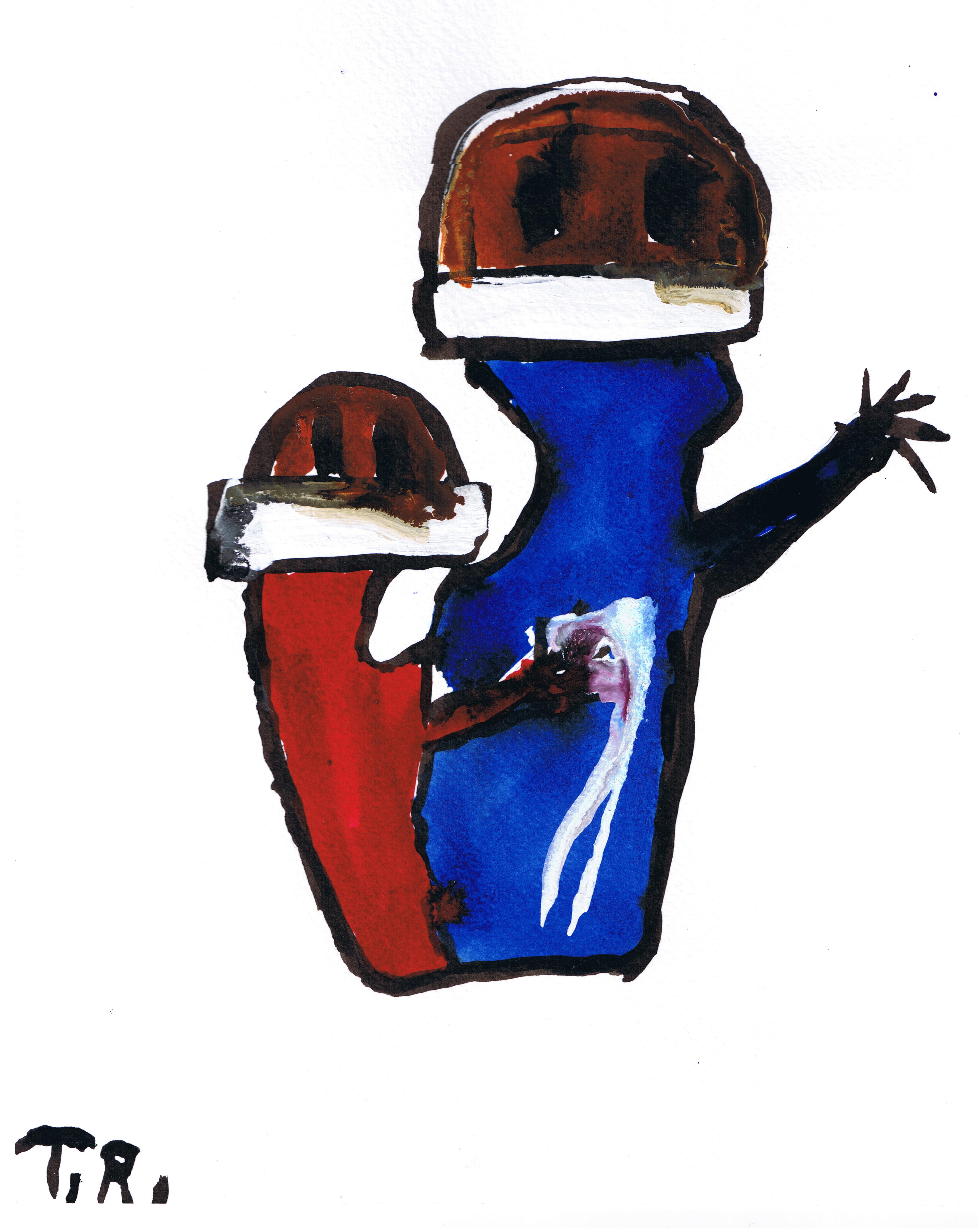 Two figures, one blue and one red, abstract