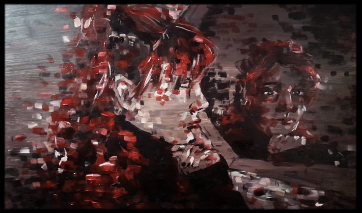 Person looking into a mirror, pixelated in red and gray