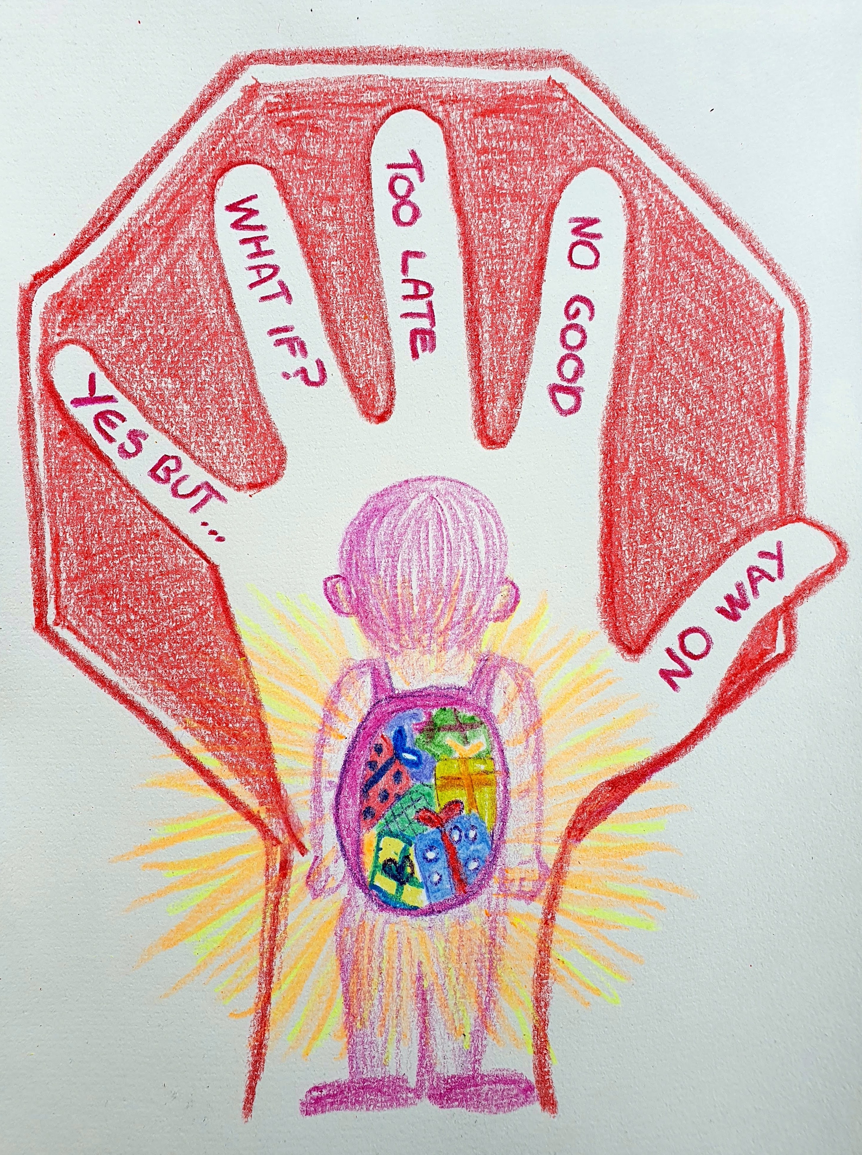 Hand in front of stop sign with the text on the fingers "yes but..., what if? too late, no good, no way"