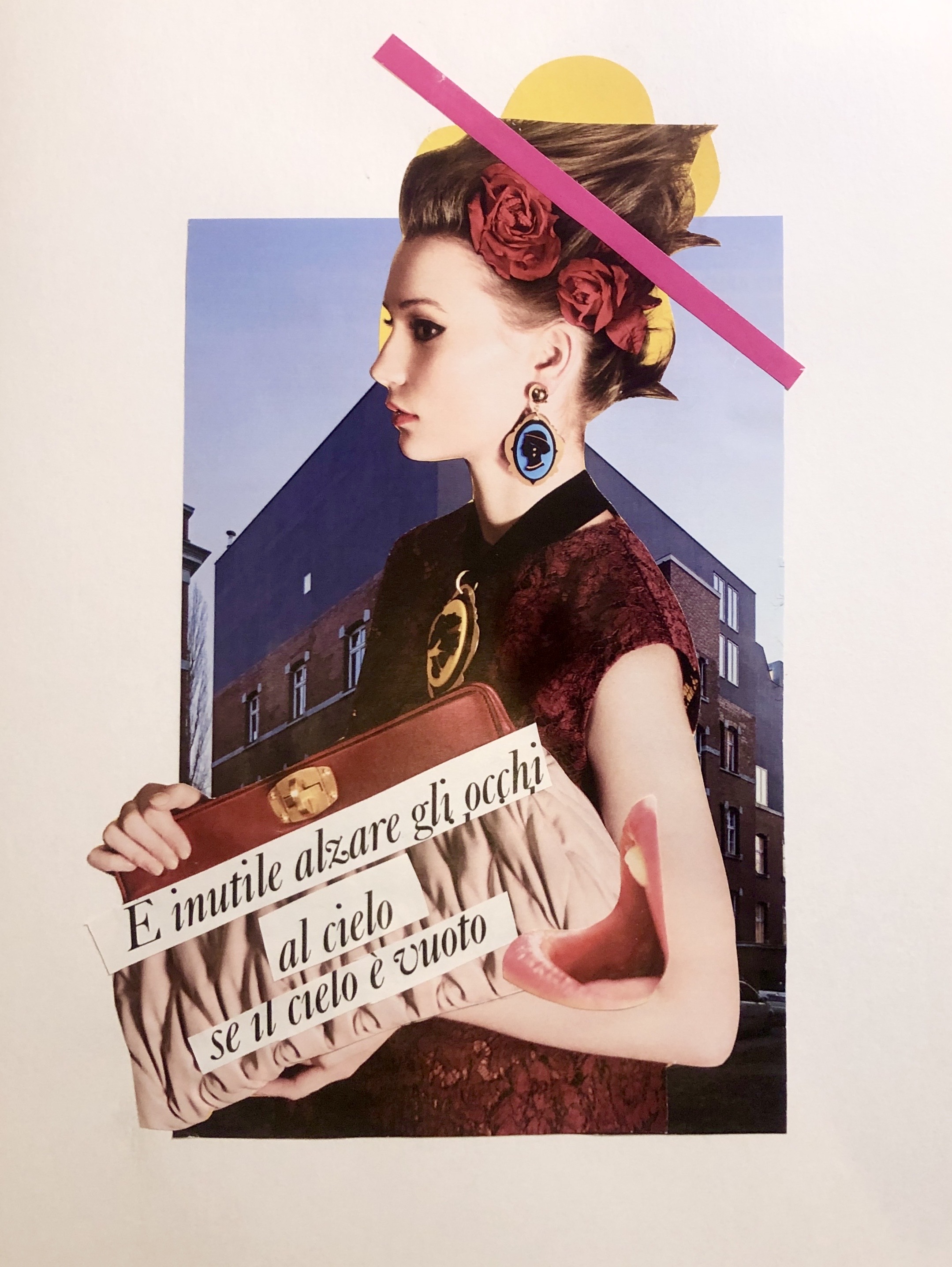 Collage art of woman with a bag holding the words "E inutile altar gli occur al Cielo se il Cielo e vuoto"