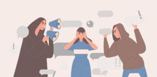 The New York Times Comments Section: A Literary Rorschach Test for the Masses A vector illustration: A female-presenting figure in the middle holds her ears; a figure to her left shouting into a megaphone; a figure to her right throwing speech bubbles at her