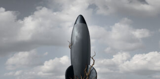 Rooted down concept with an aging rocket ship being held down by growing tree roots