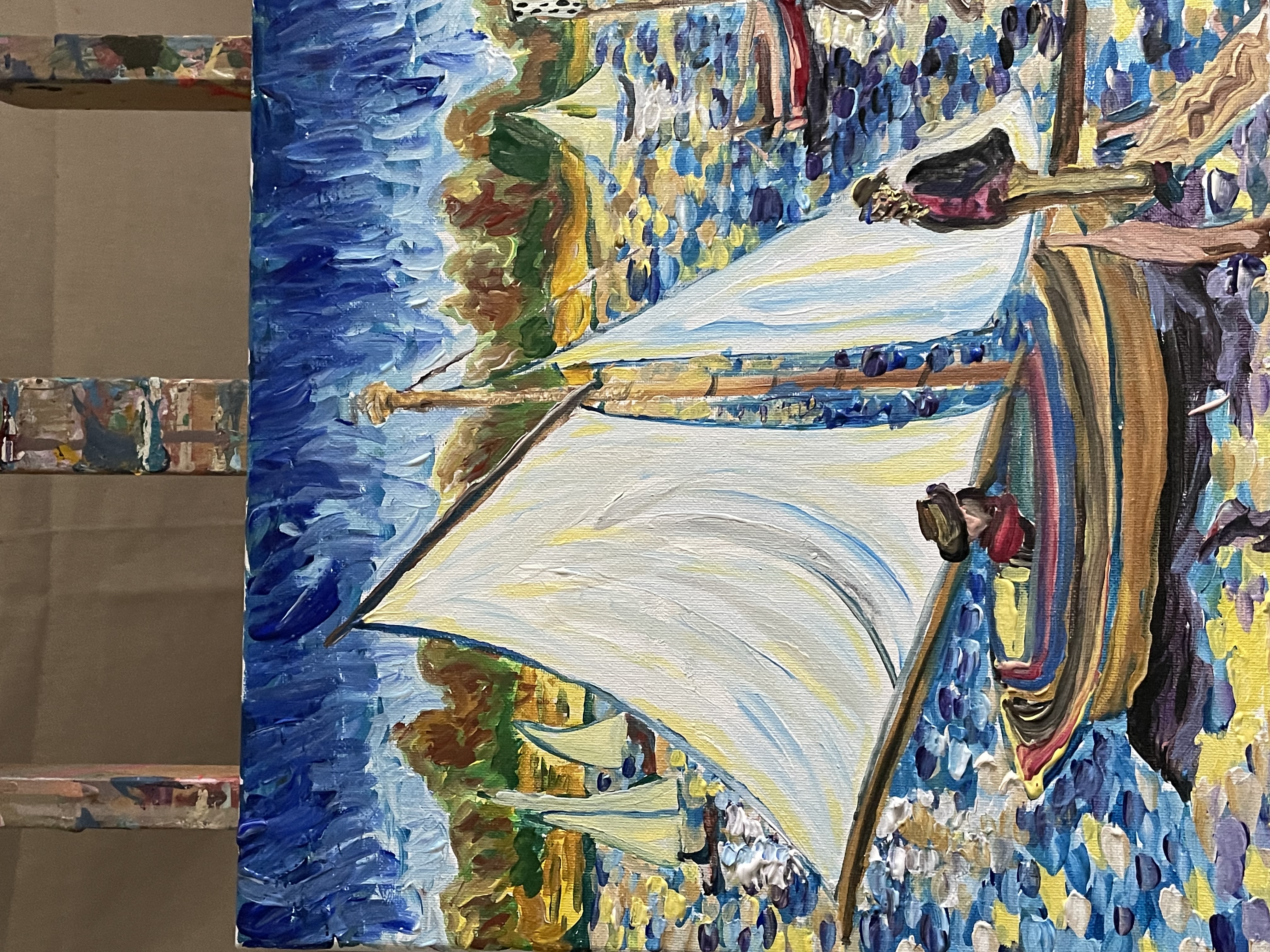 painting of boats on water, two people in foreground. Blue water and blue skies.