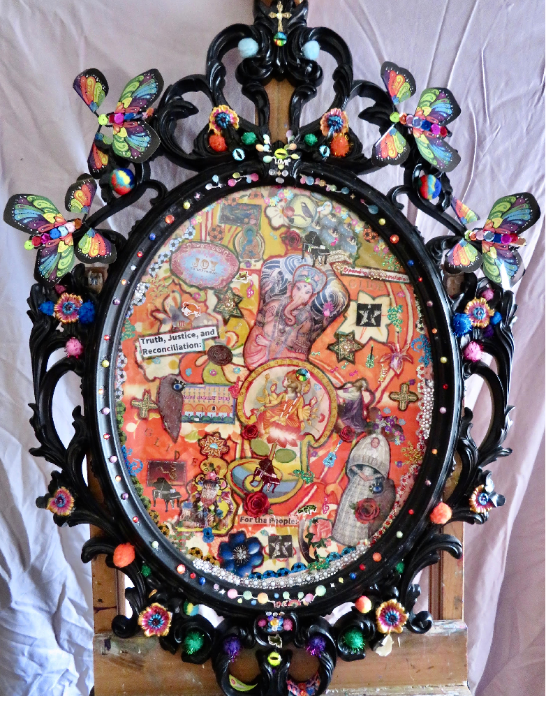 Colorful collage in a black mirror frame