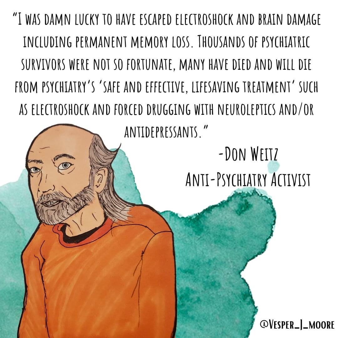 Bald person with beard and turquoise water color background with text "I was damn lucky to have escaped electroshock and brain damage including permanent memory loss. Thousands of psychiatric survivors were not so fortunate, many have died and will die from psychiatry's 'safe and effective, lifesaving treatment' such as electroshock and forced druggings with neuroleptics and/or antidepressants."