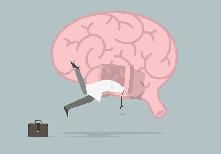 An illustration of a doctor falling headfirst into a door in a giant brain, his feet kicking outside 