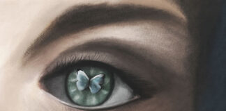 A painterly illustration of a woman's eye with a butterfly in the pupil