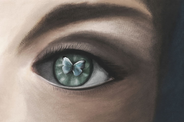 A painterly illustration of a woman's eye with a butterfly in the pupil