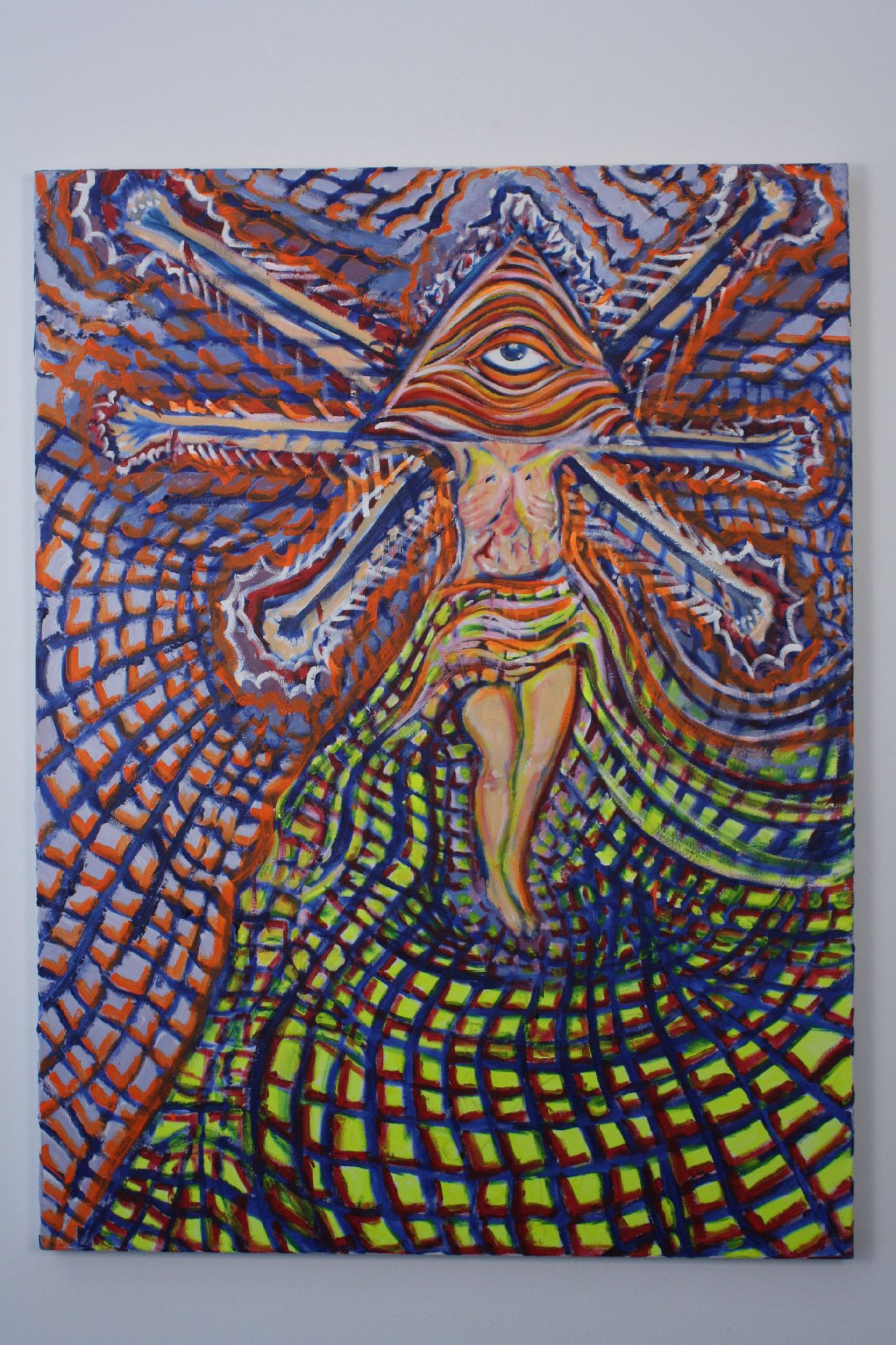 Person with triangle face with one eye, grid pattern in back