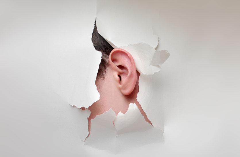 A photograph of an ear breaking through a crumbling white wall