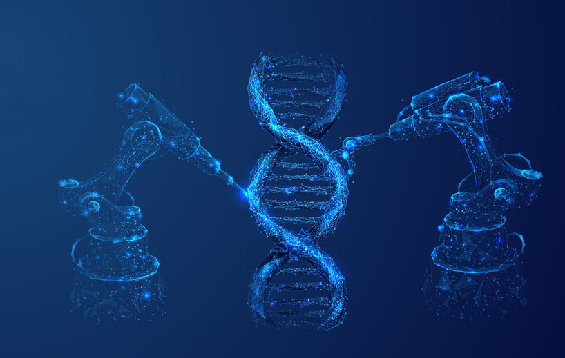 Digital illustration of robotic arms modifying DNA helix. 