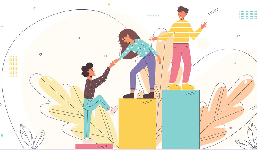 Vector illustration of a woman helping another woman up onto a higher platform