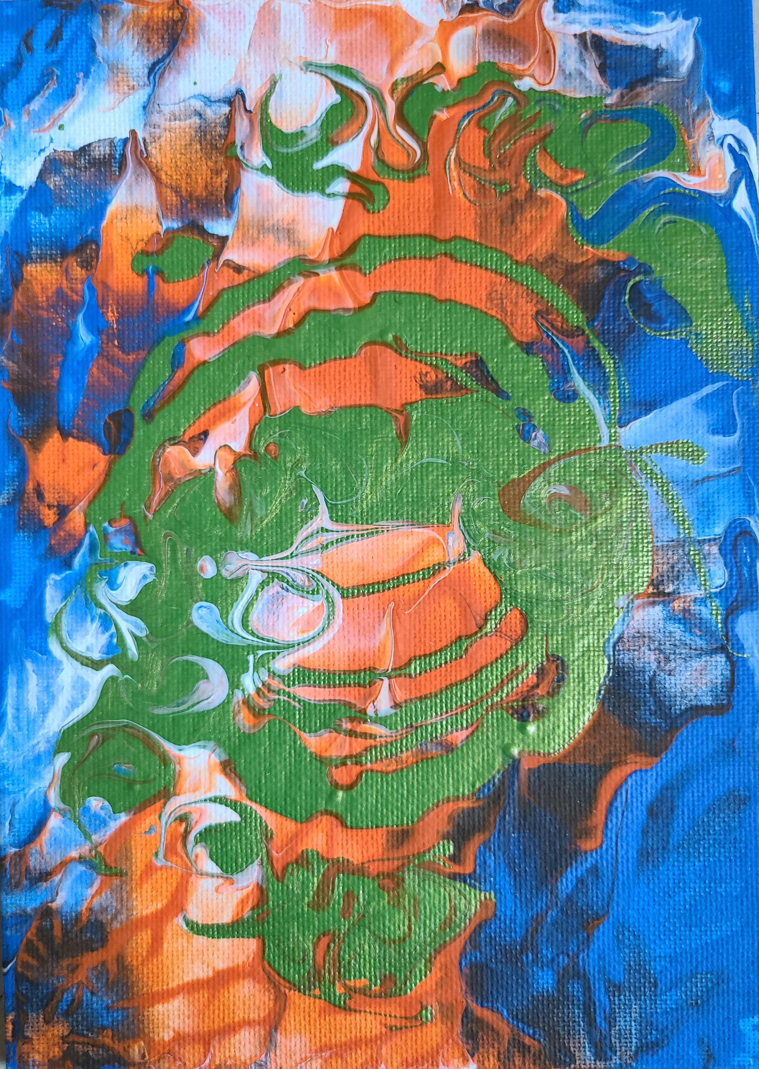 Blue and orange background with green swirls