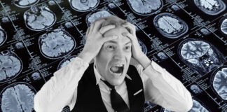 A man holds his head and screams. Behind him, a sheet of neuroimaging results. Photo collage.