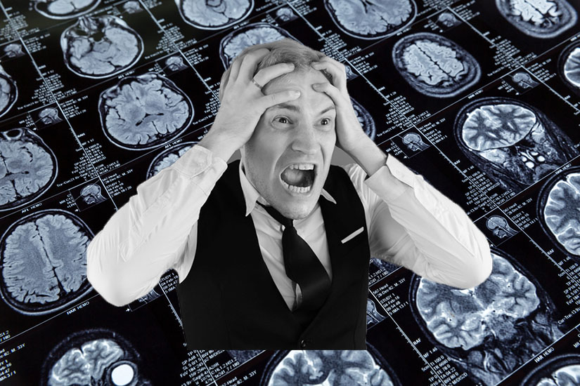 A man holds his head and screams. Behind him, a sheet of neuroimaging results. Photo collage.